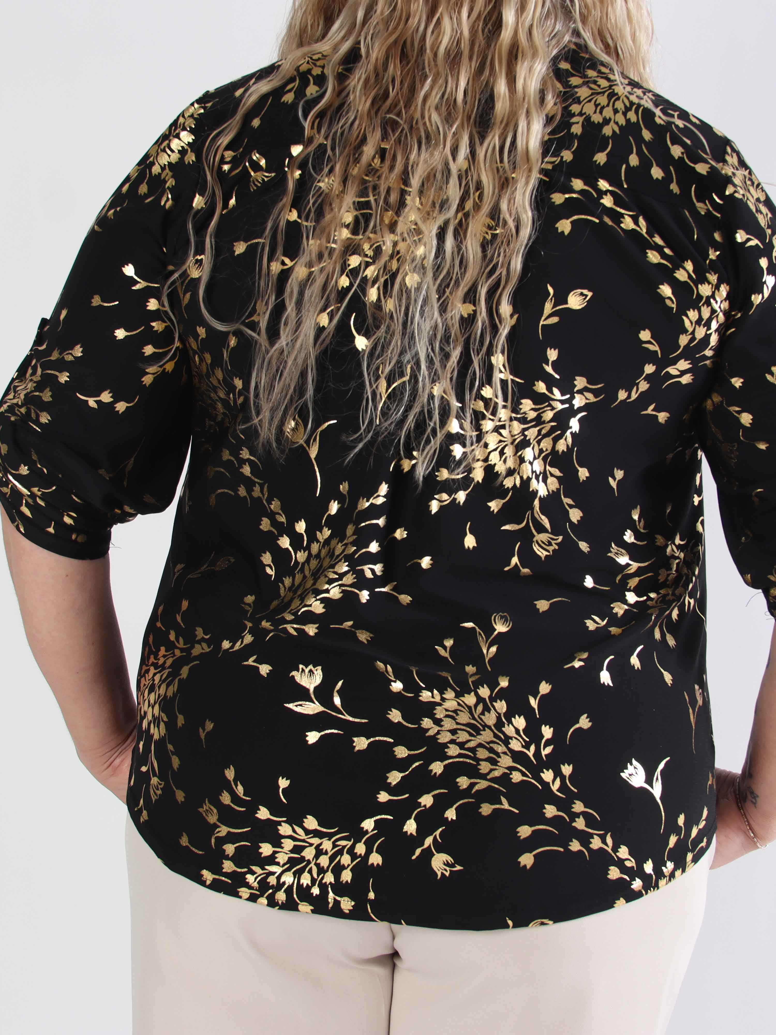 Ebba Gold Leaf Shirt - Elastisk plus size bluse mønstret med guld blade